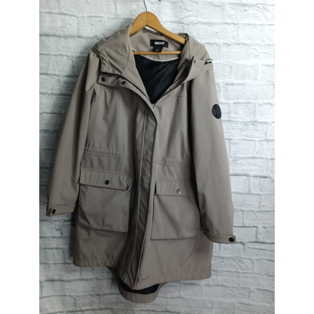 DKNY Mens XL Hooded Parka Jacket Tan Utility Full Zip Snap Front Coat